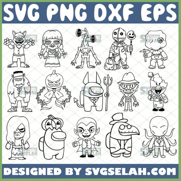 baby chibi halloween characters svg bundle outline